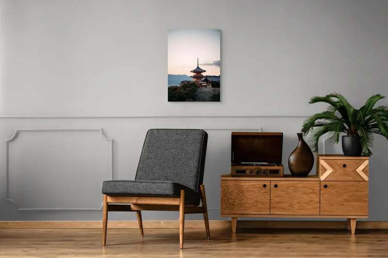 Tablou Canvas, "Templul veghind apusul liniștit", Pagodă, Apus, Cer, Japonez, Natură, Dealuri, Arhitectură, 50 x 70 cm – poza 8
