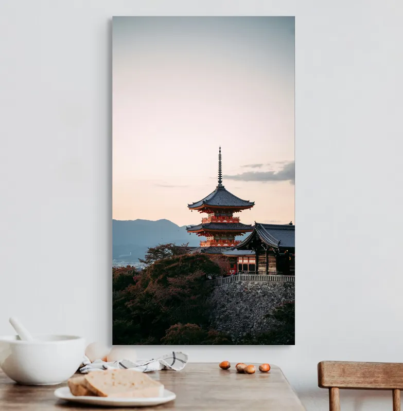 Tablou Canvas, "Templul veghind apusul liniștit", Pagodă, Apus, Cer, Japonez, Natură, Dealuri, Arhitectură, 50 x 90 cm – poza 3