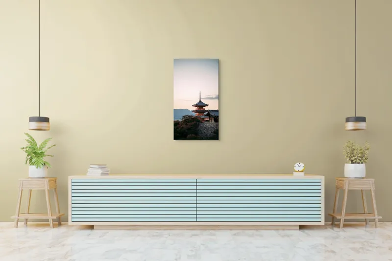 Tablou Canvas, "Templul veghind apusul liniștit", Pagodă, Apus, Cer, Japonez, Natură, Dealuri, Arhitectură, 50 x 90 cm – poza 6