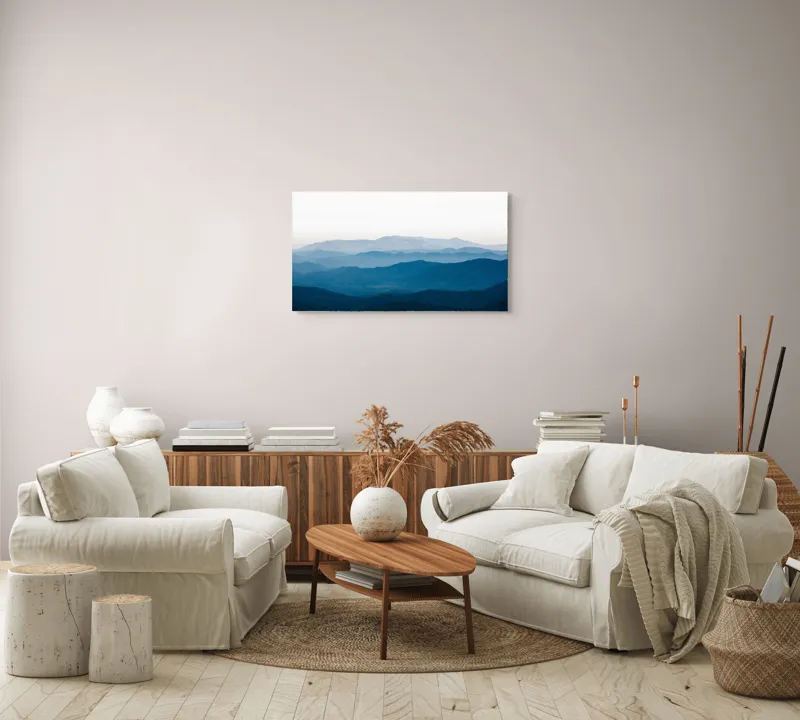 Tablou Canvas, "Priveliște montană învăluită în ceață", Albastru, Munți, Liniște, Orizont, Nor, Pădure, Cer, Serenitate, Siluetă, Natură, 90 x 50 cm – poza 4