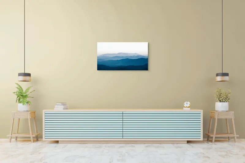 Tablou Canvas, "Priveliște montană învăluită în ceață", Albastru, Munți, Liniște, Orizont, Nor, Pădure, Cer, Serenitate, Siluetă, Natură, 90 x 50 cm – poza 5