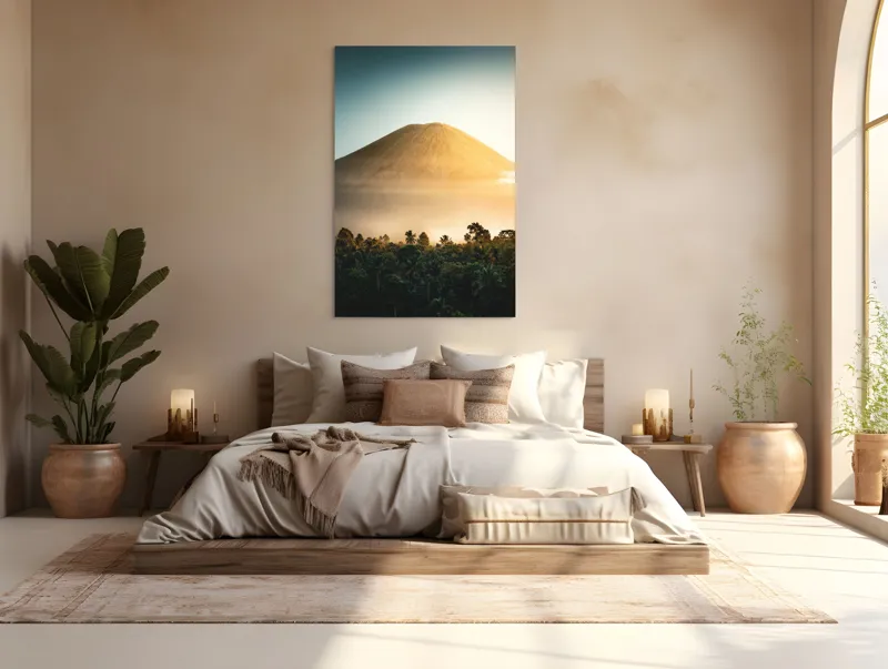 Tablou Canvas, "Eternitatea unui munte în zori", Munte, Vulcan, Răsărit, Pădure, Lumină, Ceață, Vegetație, Cer, Natural, Spectaculos, 100 x 150 cm – poza 3