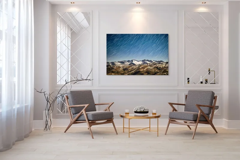 Tablou Canvas, "Cer înstelat deasupra munților înzăpeziți", Stele, Noapte, Munți, Zăpadă, Cer, Peisaj, Lumină, Mișcare, 150 x 100 cm – poza 7