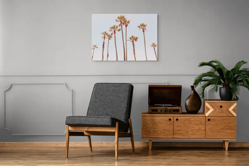 Tablou Canvas, "Palmieri sub cerul senin", Palmieri, Cer, Albastru, Frunziș, Trunchiuri, Înalt, Natură, Vară, 100 x 70 cm – poza 8