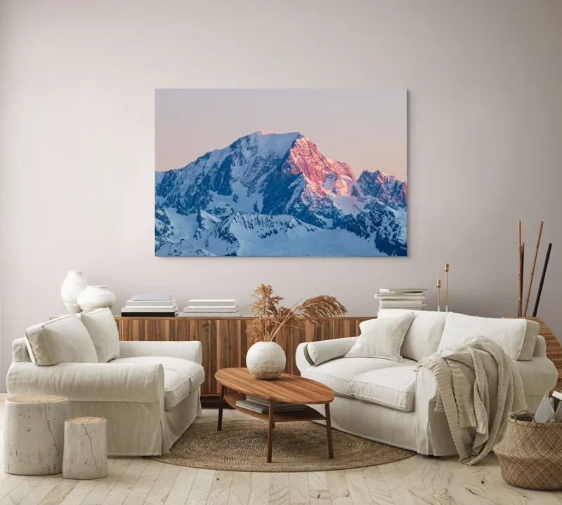 Tablou Canvas, "Apusul peste culmile înzăpezite alepinilor", Măreție, Liniște, Grandeur, Solitudine, Frumusețe, Vârfuri, Albastru, Alb, Apus, Strălucire, 150 x 100 cm – poza 3