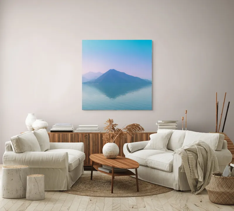 Tablou Canvas, "Reflexia liniștită a muntelui albastru", Calm, Serene, Misty, Peaceful, Reflective, Tranquil, Majestic, Ethereal, 100 x 100 cm – poza 3