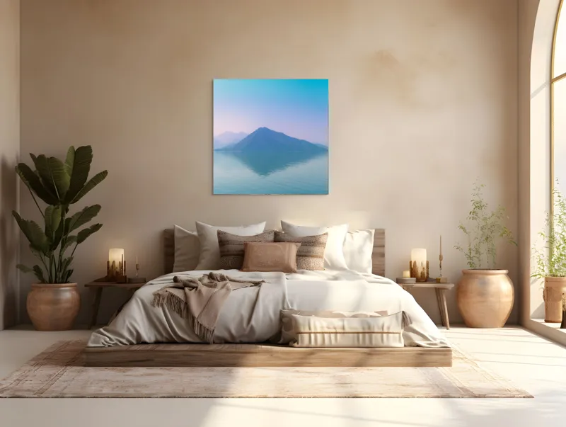 Tablou Canvas, "Reflexia liniștită a muntelui albastru", Calm, Serene, Misty, Peaceful, Reflective, Tranquil, Majestic, Ethereal, 100 x 100 cm – poza 4