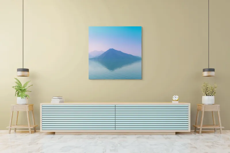 Tablou Canvas, "Reflexia liniștită a muntelui albastru", Calm, Serene, Misty, Peaceful, Reflective, Tranquil, Majestic, Ethereal, 100 x 100 cm – poza 5