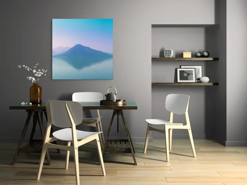 Tablou Canvas, "Reflexia liniștită a muntelui albastru", Calm, Serene, Misty, Peaceful, Reflective, Tranquil, Majestic, Ethereal, 100 x 100 cm – poza 6