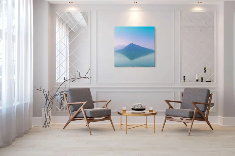 Tablou Canvas, "Reflexia liniștită a muntelui albastru", Calm, Serene, Misty, Peaceful, Reflective, Tranquil, Majestic, Ethereal, 100 x 100 cm – poza 7