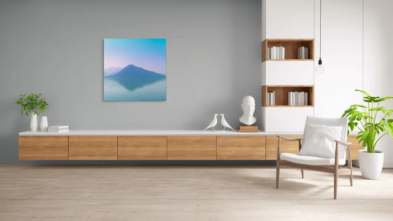 Tablou Canvas, "Reflexia liniștită a muntelui albastru", Calm, Serene, Misty, Peaceful, Reflective, Tranquil, Majestic, Ethereal, 100 x 100 cm – poza 8