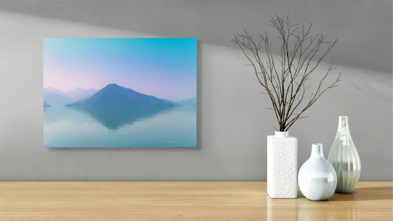 Tablou Canvas, "Reflexia liniștită a muntelui albastru", Calm, Serene, Misty, Peaceful, Reflective, Tranquil, Majestic, Ethereal, 54 x 39 cm – poza 3