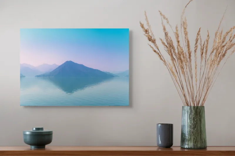Tablou Canvas, "Reflexia liniștită a muntelui albastru", Calm, Serene, Misty, Peaceful, Reflective, Tranquil, Majestic, Ethereal, 54 x 39 cm – poza 4