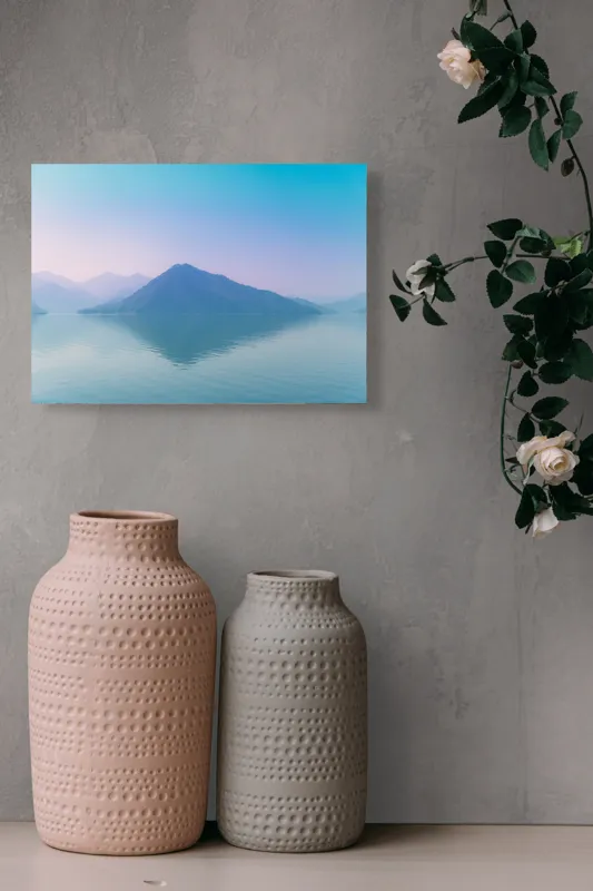 Tablou Canvas, "Reflexia liniștită a muntelui albastru", Calm, Serene, Misty, Peaceful, Reflective, Tranquil, Majestic, Ethereal, 54 x 39 cm – poza 8