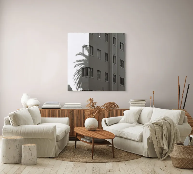 Tablou Canvas Umbra Palmierului pe Fațada Clădirii, 100 x 100 cm – poza 3