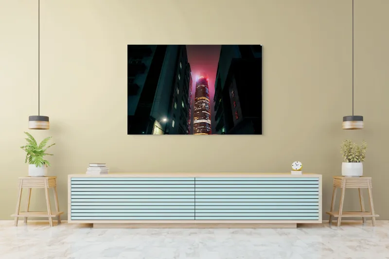 Tablou Canvas, "Turn urban în lumini misterioase", Turn, Lumină, Noapte, Înălțime, Reflecție, Modernitate, Metropolă, Strălucire, 150 x 100 cm – poza 6