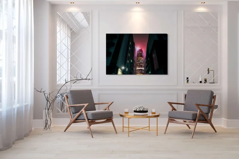 Tablou Canvas, "Turn urban în lumini misterioase", Turn, Lumină, Noapte, Înălțime, Reflecție, Modernitate, Metropolă, Strălucire, 150 x 100 cm – poza 7