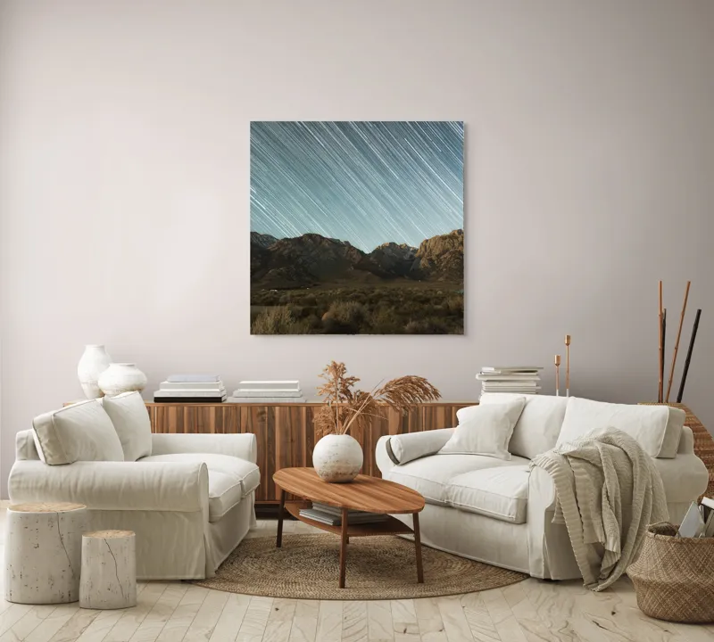 Tablou Canvas, "Cerul înstelat al nopții eterne", Stele, Cer, Munți, Peisaj, Noapte, Lumină, Natură, Spațiu, Timp, Frumusețe, 100 x 100 cm – poza 3