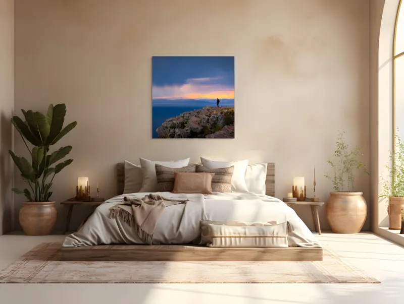 Tablou Canvas, "Singurătate pe marginea prăpastiei", Nor, Apus, Munte, Siluetă, Apă, Cer, Piatra, Orizont, Singurătate, Tranquilitate., 100 x 100 cm – poza 4