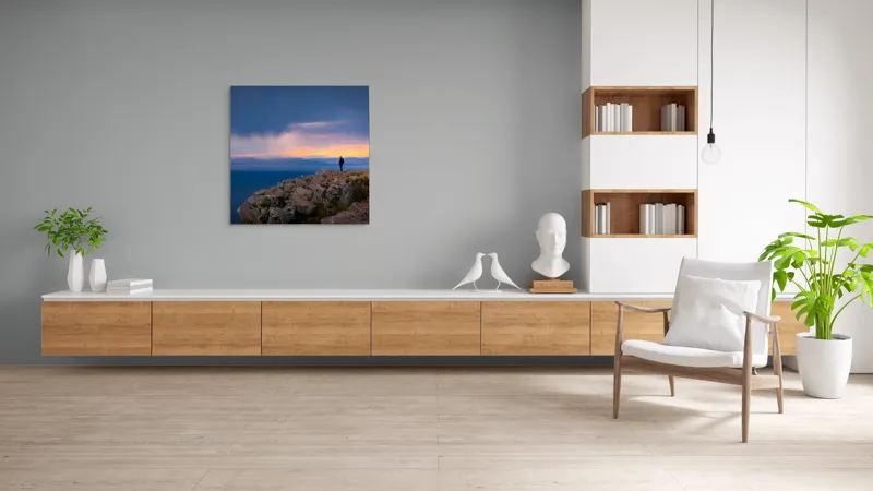 Tablou Canvas, "Singurătate pe marginea prăpastiei", Nor, Apus, Munte, Siluetă, Apă, Cer, Piatra, Orizont, Singurătate, Tranquilitate., 100 x 100 cm – poza 8