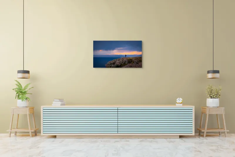 Tablou Canvas, "Singurătate pe marginea prăpastiei", Nor, Apus, Munte, Siluetă, Apă, Cer, Piatra, Orizont, Singurătate, Tranquilitate., 90 x 50 cm – poza 5