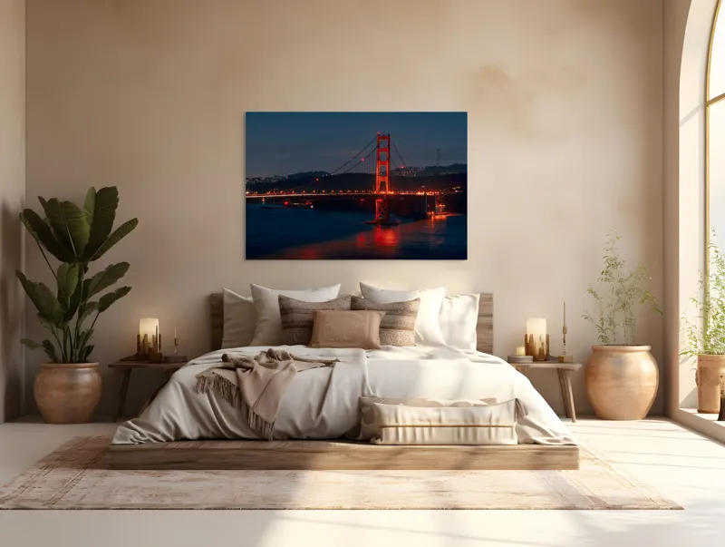 Tablou Canvas, "Podul iluminat în noapte liniștită", Pod, Noapte, Lumină, Apă, Reflecții, Orizont, Oraș, Dealurile, Siluetă, Iluminat., 150 x 100 cm – poza 4