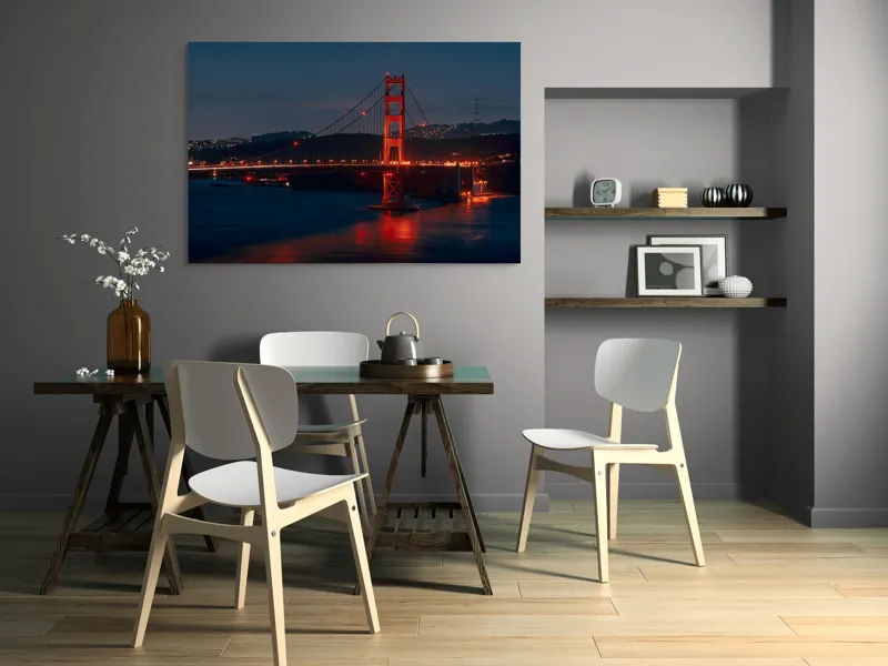 Tablou Canvas, "Podul iluminat în noapte liniștită", Pod, Noapte, Lumină, Apă, Reflecții, Orizont, Oraș, Dealurile, Siluetă, Iluminat., 150 x 100 cm – poza 5