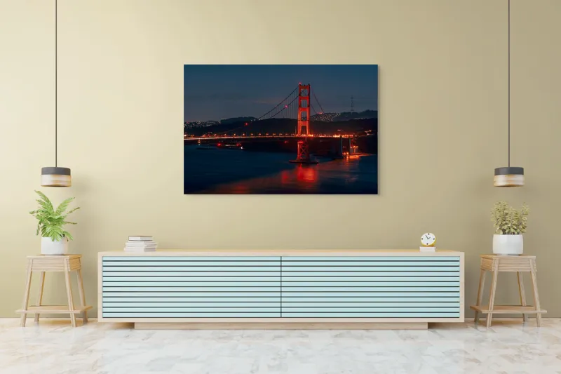Tablou Canvas, "Podul iluminat în noapte liniștită", Pod, Noapte, Lumină, Apă, Reflecții, Orizont, Oraș, Dealurile, Siluetă, Iluminat., 150 x 100 cm – poza 6