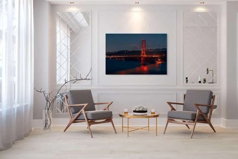 Tablou Canvas, "Podul iluminat în noapte liniștită", Pod, Noapte, Lumină, Apă, Reflecții, Orizont, Oraș, Dealurile, Siluetă, Iluminat., 150 x 100 cm – poza 7