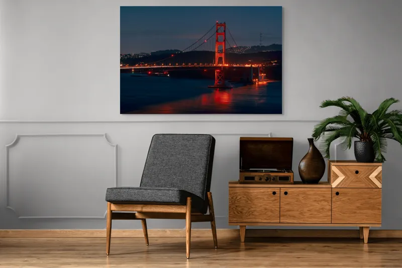 Tablou Canvas, "Podul iluminat în noapte liniștită", Pod, Noapte, Lumină, Apă, Reflecții, Orizont, Oraș, Dealurile, Siluetă, Iluminat., 150 x 100 cm – poza 8