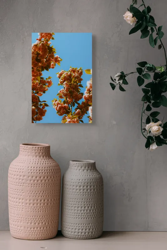 Tablou Canvas, "Florile primăverii sub cer senin", Flori, Cer, Albastru, Ramuri, Frunze, Primăvară, Natură, Roz, Verde, Lumină, Delicat, Înfloresc., 26 x 39 cm – poza 6