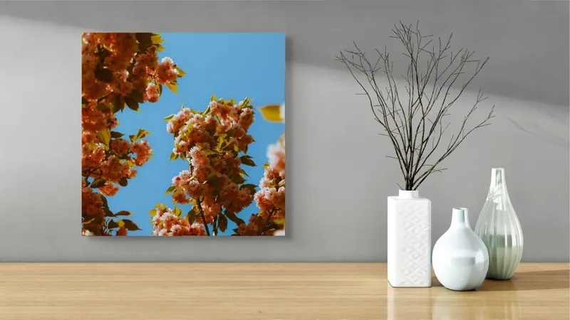 Tablou Canvas, "Florile primăverii sub cer senin", Flori, Cer, Albastru, Ramuri, Frunze, Primăvară, Natură, Roz, Verde, Lumină, Delicat, Înfloresc., 50 x 50 cm – poza 3