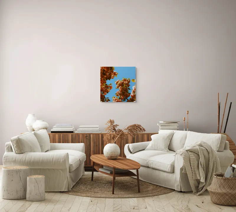 Tablou Canvas, "Florile primăverii sub cer senin", Flori, Cer, Albastru, Ramuri, Frunze, Primăvară, Natură, Roz, Verde, Lumină, Delicat, Înfloresc., 50 x 50 cm – poza 7