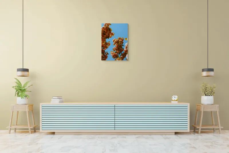 Tablou Canvas, "Florile primăverii sub cer senin", Flori, Cer, Albastru, Ramuri, Frunze, Primăvară, Natură, Roz, Verde, Lumină, Delicat, Înfloresc., 50 x 70 cm – poza 6