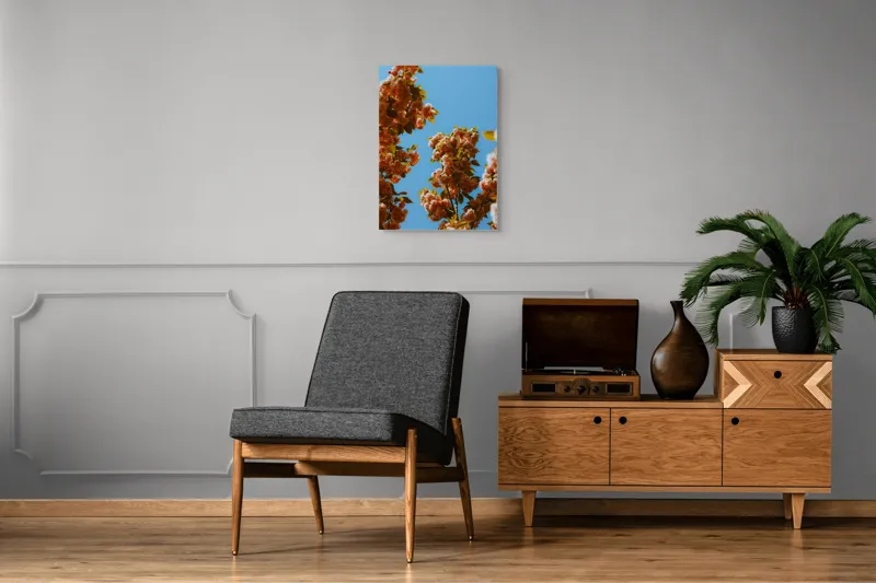 Tablou Canvas, "Florile primăverii sub cer senin", Flori, Cer, Albastru, Ramuri, Frunze, Primăvară, Natură, Roz, Verde, Lumină, Delicat, Înfloresc., 50 x 70 cm – poza 8