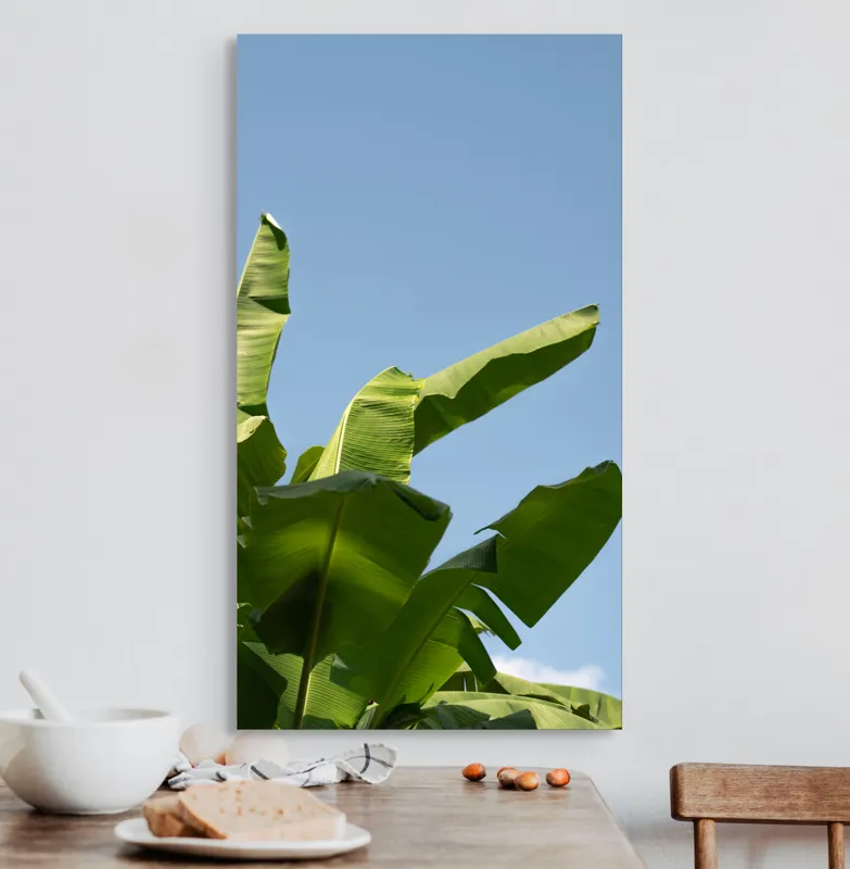 Tablou Canvas, "Frunze de bananier sub cer senin", Frunze, Verzi, Cer, Albastru, Bananier, Natură, Lumină, Soare, Tropice, 50 x 90 cm – poza 3