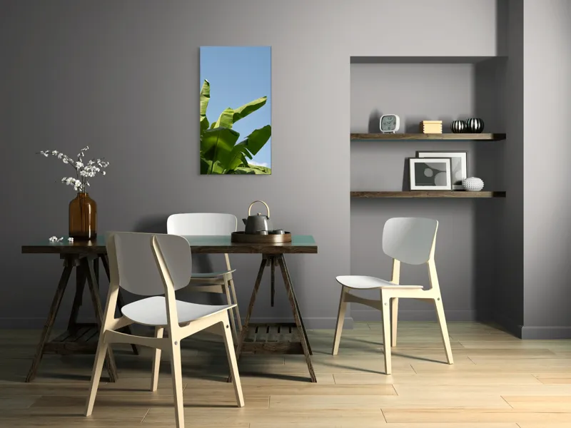 Tablou Canvas, "Frunze de bananier sub cer senin", Frunze, Verzi, Cer, Albastru, Bananier, Natură, Lumină, Soare, Tropice, 50 x 90 cm – poza 4