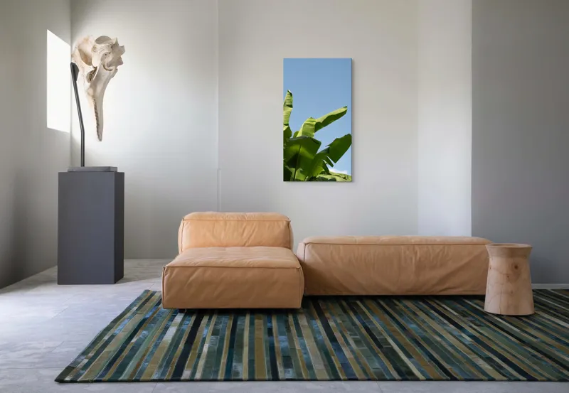 Tablou Canvas, "Frunze de bananier sub cer senin", Frunze, Verzi, Cer, Albastru, Bananier, Natură, Lumină, Soare, Tropice, 50 x 90 cm – poza 5