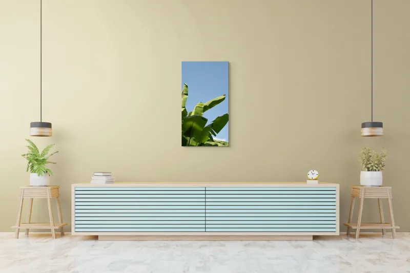 Tablou Canvas, "Frunze de bananier sub cer senin", Frunze, Verzi, Cer, Albastru, Bananier, Natură, Lumină, Soare, Tropice, 50 x 90 cm – poza 6