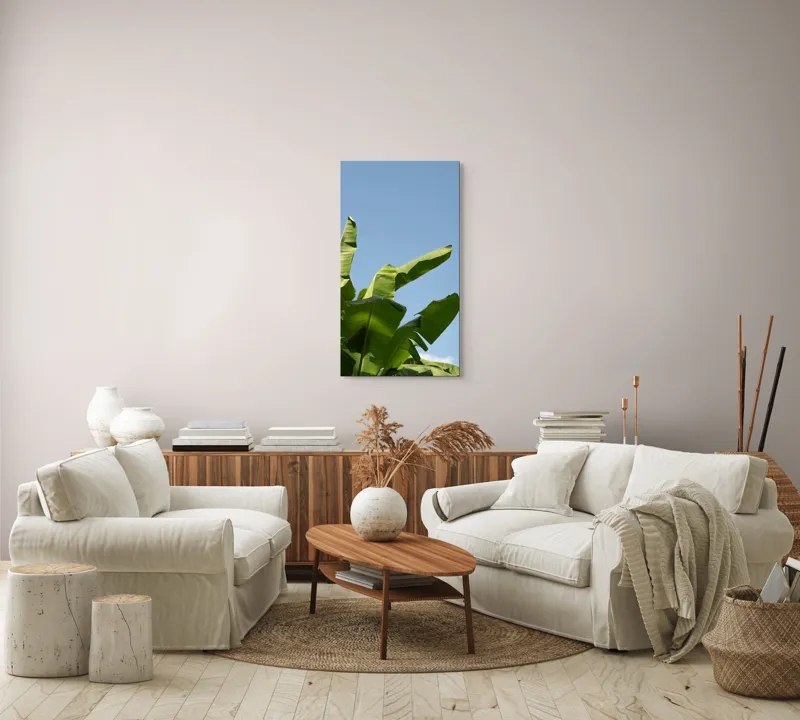 Tablou Canvas, "Frunze de bananier sub cer senin", Frunze, Verzi, Cer, Albastru, Bananier, Natură, Lumină, Soare, Tropice, 50 x 90 cm – poza 7