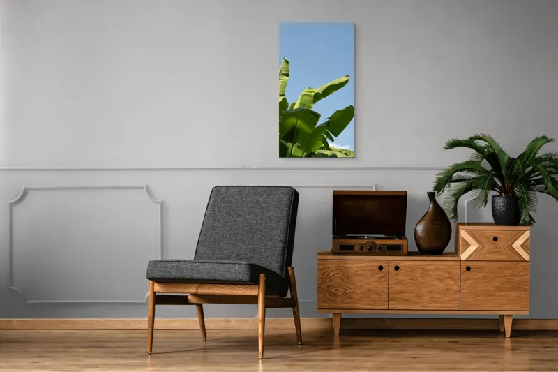 Tablou Canvas, "Frunze de bananier sub cer senin", Frunze, Verzi, Cer, Albastru, Bananier, Natură, Lumină, Soare, Tropice, 50 x 90 cm – poza 8