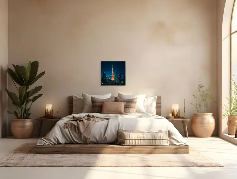 Tablou Canvas, "Scânteia luminii în orașul adormit", Turn, Strălucire, Noapte, Oraș, Lumini, Zgârie-nori, Cer, Panoramă, Clădiri, Reflecții, 50 x 50 cm – poza 5
