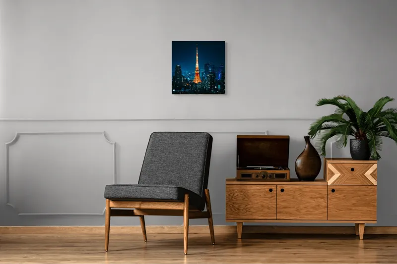 Tablou Canvas, "Scânteia luminii în orașul adormit", Turn, Strălucire, Noapte, Oraș, Lumini, Zgârie-nori, Cer, Panoramă, Clădiri, Reflecții, 50 x 50 cm – poza 6