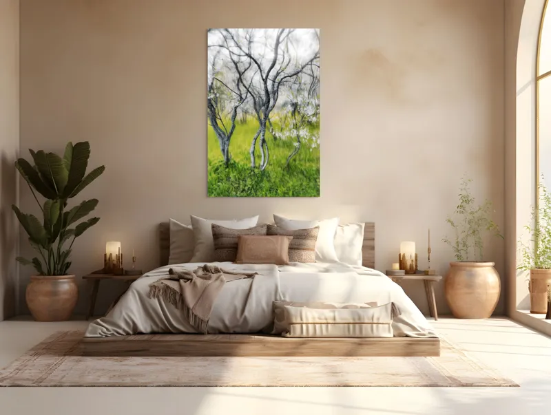 Tablou Canvas, "Dansul copacilor în vântul primăverii", Naturi, Vise, Primăvară, Verdeață, Flori, Trunchiuri, Ritm, Dans, Subtil, Eteric, 100 x 150 cm – poza 3