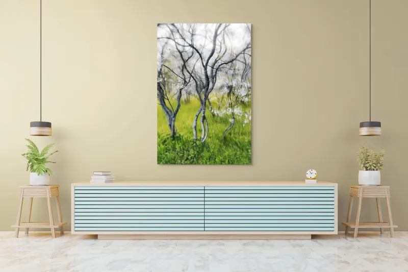 Tablou Canvas, "Dansul copacilor în vântul primăverii", Naturi, Vise, Primăvară, Verdeață, Flori, Trunchiuri, Ritm, Dans, Subtil, Eteric, 100 x 150 cm – poza 4