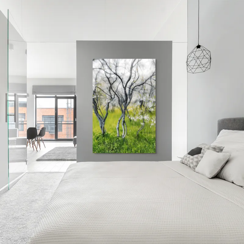 Tablou Canvas, "Dansul copacilor în vântul primăverii", Naturi, Vise, Primăvară, Verdeață, Flori, Trunchiuri, Ritm, Dans, Subtil, Eteric, 100 x 150 cm – poza 5