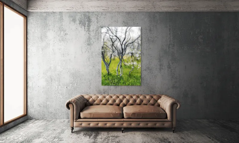 Tablou Canvas, "Dansul copacilor în vântul primăverii", Naturi, Vise, Primăvară, Verdeață, Flori, Trunchiuri, Ritm, Dans, Subtil, Eteric, 100 x 150 cm – poza 6