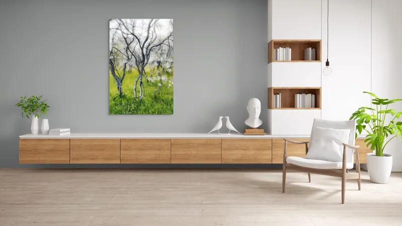 Tablou Canvas, "Dansul copacilor în vântul primăverii", Naturi, Vise, Primăvară, Verdeață, Flori, Trunchiuri, Ritm, Dans, Subtil, Eteric, 100 x 150 cm – poza 8