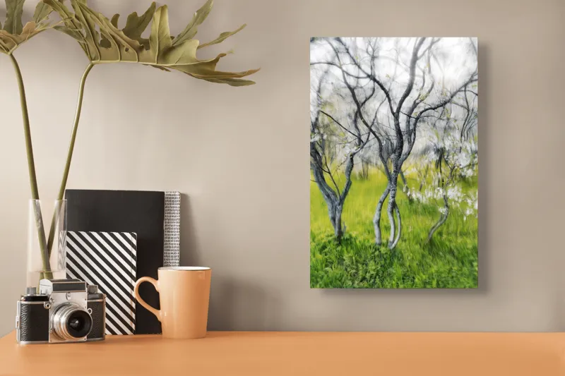Tablou Canvas, "Dansul copacilor în vântul primăverii", Naturi, Vise, Primăvară, Verdeață, Flori, Trunchiuri, Ritm, Dans, Subtil, Eteric, 26 x 39 cm – poza 3