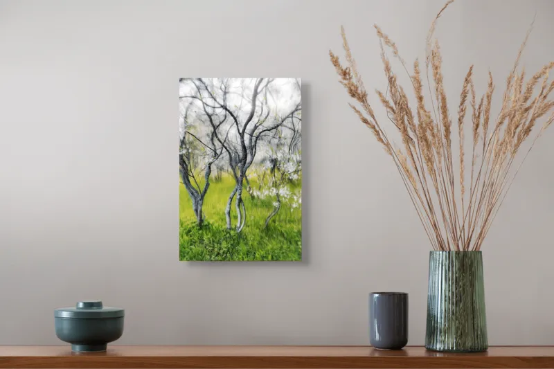 Tablou Canvas, "Dansul copacilor în vântul primăverii", Naturi, Vise, Primăvară, Verdeață, Flori, Trunchiuri, Ritm, Dans, Subtil, Eteric, 26 x 39 cm – poza 5